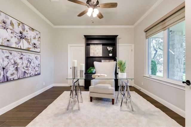 office area featuring dark hardwood / wood-style floors, ceiling fan, and crown molding