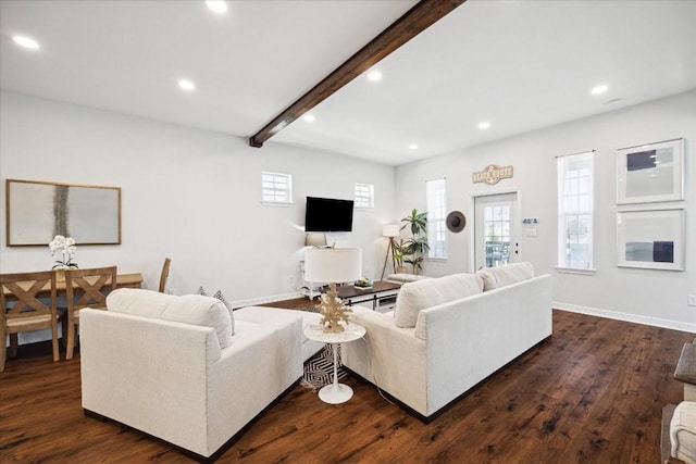 living room with beam ceiling and dark hardwood / wood-style floors