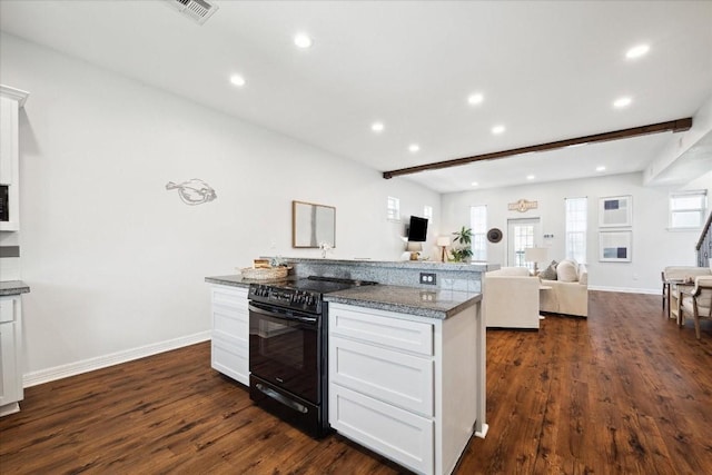 kitchen featuring beam ceiling, white cabinetry, stone counters, dark hardwood / wood-style floors, and black / electric stove