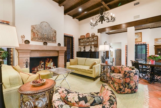 living room featuring wooden ceiling, beamed ceiling, visible vents, a lit fireplace, and high vaulted ceiling