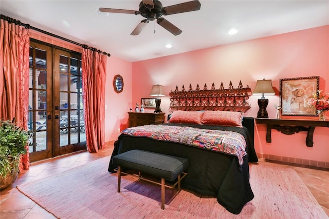 tiled bedroom with recessed lighting, access to exterior, a ceiling fan, baseboards, and french doors