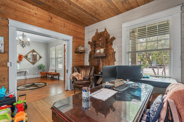 office featuring wooden ceiling, hardwood / wood-style floors, a notable chandelier, and wooden walls