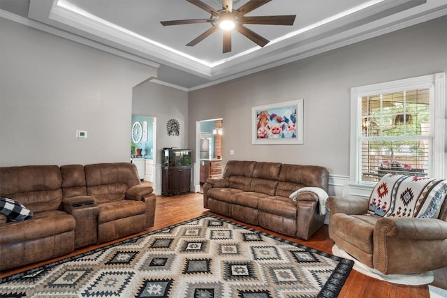 living room featuring ceiling fan, ornamental molding, a raised ceiling, and hardwood / wood-style floors