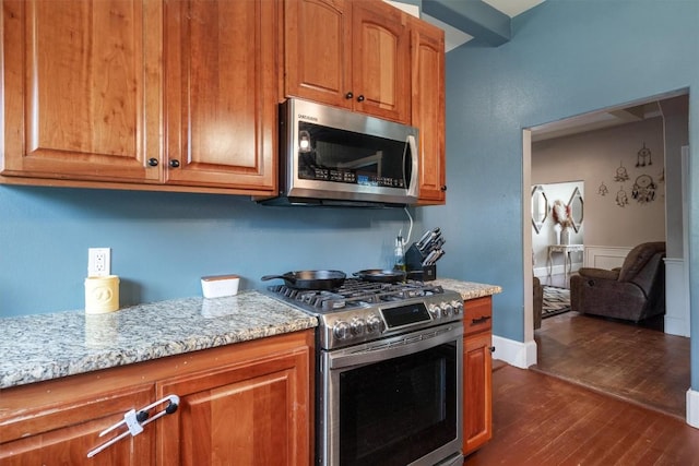 kitchen with dark hardwood / wood-style flooring, light stone countertops, and stainless steel appliances