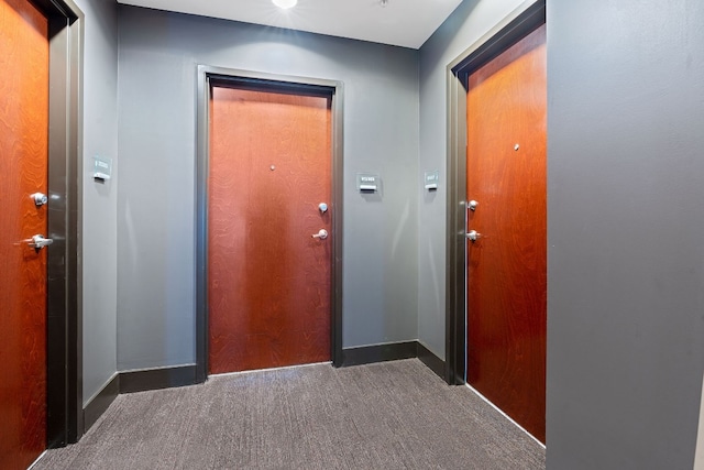 doorway with dark colored carpet