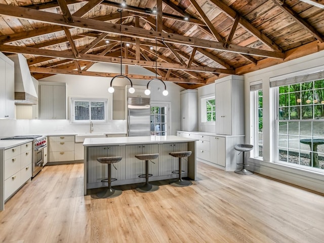 kitchen with wood ceiling, light hardwood / wood-style floors, beam ceiling, and high quality appliances