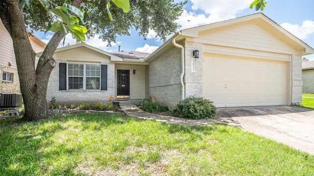 ranch-style home featuring central AC, a front yard, and a garage