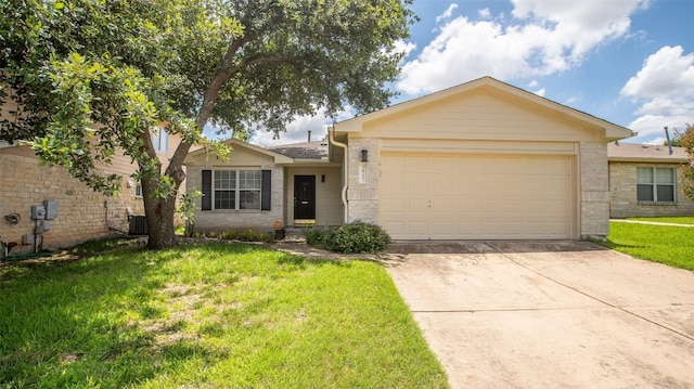 ranch-style house featuring central AC unit, a garage, and a front lawn