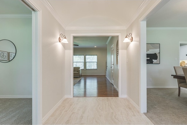 hall with ornamental molding and carpet