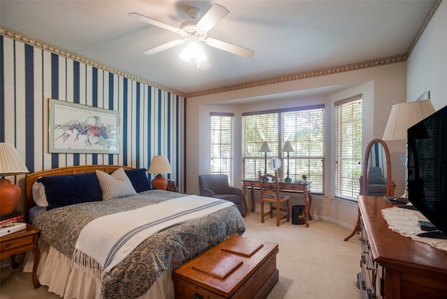 bedroom with ceiling fan and light colored carpet