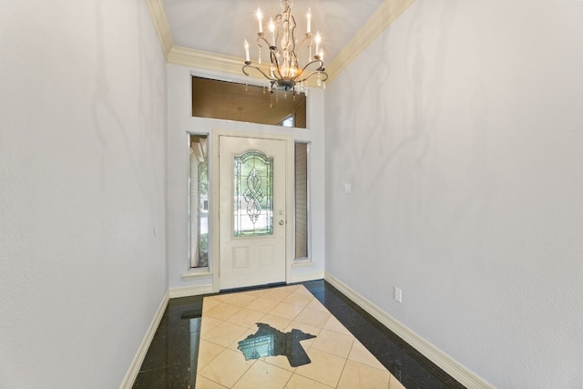 entrance foyer featuring tile patterned flooring, crown molding, and a chandelier