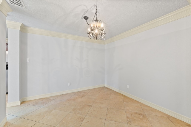 spare room with light tile patterned floors, a chandelier, crown molding, and a textured ceiling