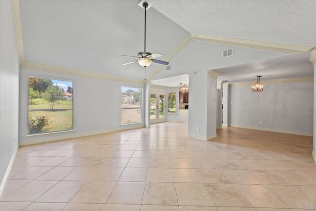 unfurnished living room with ornamental molding, vaulted ceiling, a textured ceiling, light tile patterned flooring, and ceiling fan with notable chandelier