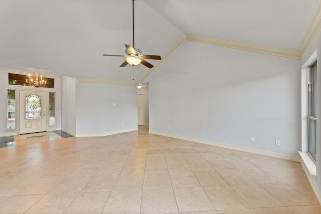 unfurnished living room with ceiling fan with notable chandelier, ornamental molding, lofted ceiling, and light tile patterned floors