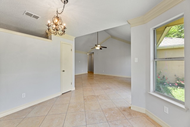 tiled empty room with ceiling fan with notable chandelier, vaulted ceiling, and crown molding