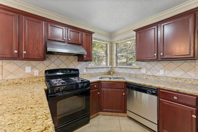 kitchen featuring light tile patterned floors, gas stove, sink, dishwasher, and a textured ceiling