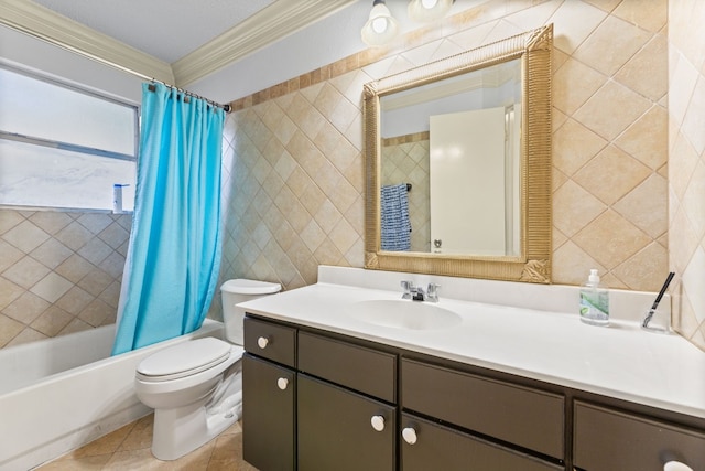 full bathroom featuring tile patterned flooring, shower / bath combo with shower curtain, tile walls, ornamental molding, and vanity