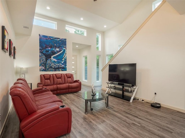 living room featuring a towering ceiling and hardwood / wood-style flooring