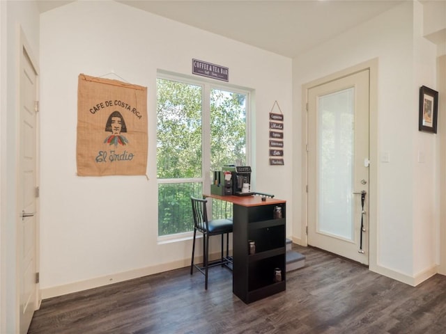 dining space with dark hardwood / wood-style floors