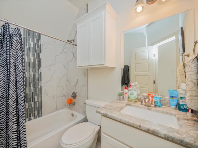 full bathroom featuring shower / bathtub combination with curtain, vanity, and toilet