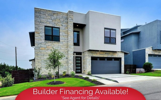 contemporary house with stucco siding, driveway, stone siding, fence, and a garage