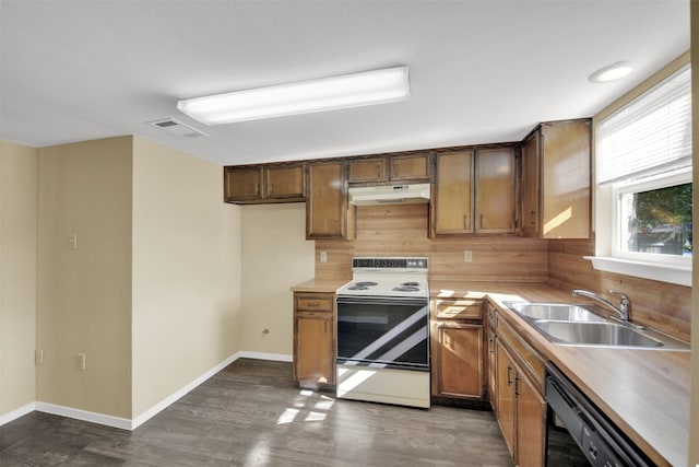 kitchen with white range with electric cooktop, black dishwasher, dark hardwood / wood-style floors, and sink