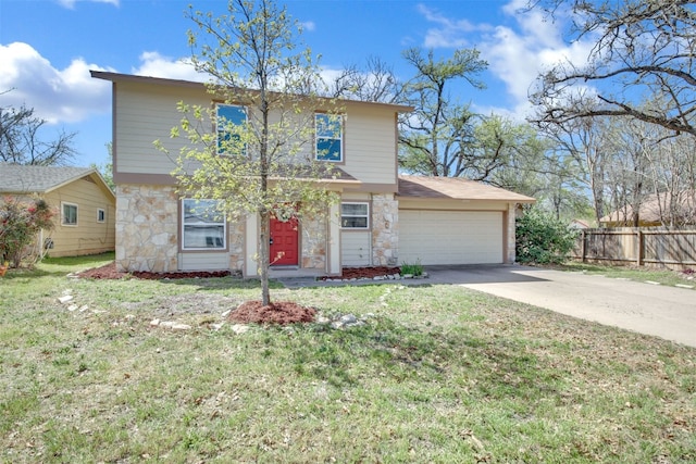 view of front of home featuring stone siding, a garage, and concrete driveway