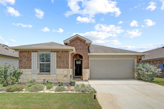 single story home featuring a garage and a front lawn