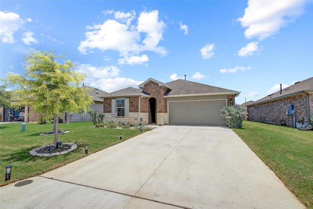 single story home featuring a garage and a front lawn