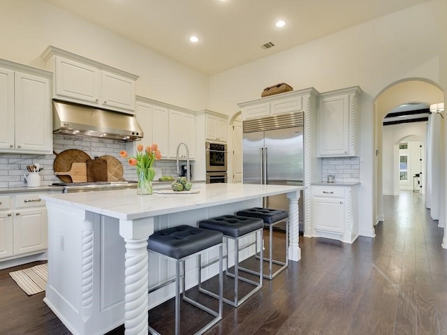 kitchen featuring sink, a kitchen island with sink, tasteful backsplash, light stone countertops, and white cabinets