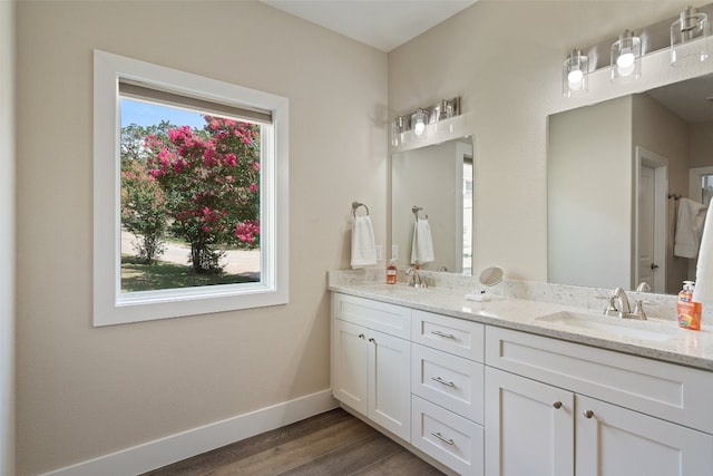 bathroom featuring double vanity and hardwood / wood-style floors