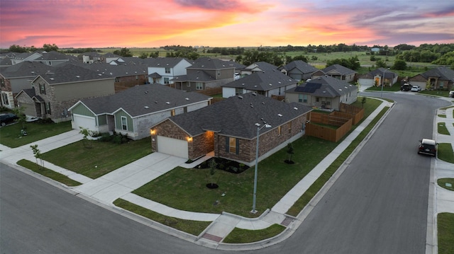 view of aerial view at dusk