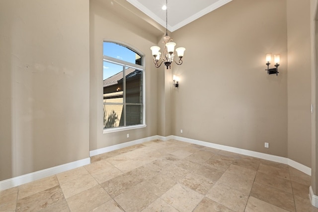 unfurnished room featuring high vaulted ceiling, tile patterned flooring, a notable chandelier, and ornamental molding