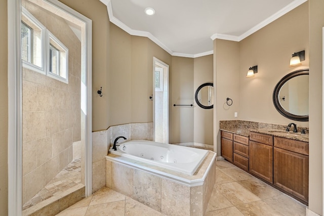 bathroom with tile patterned floors, crown molding, vanity, and plus walk in shower