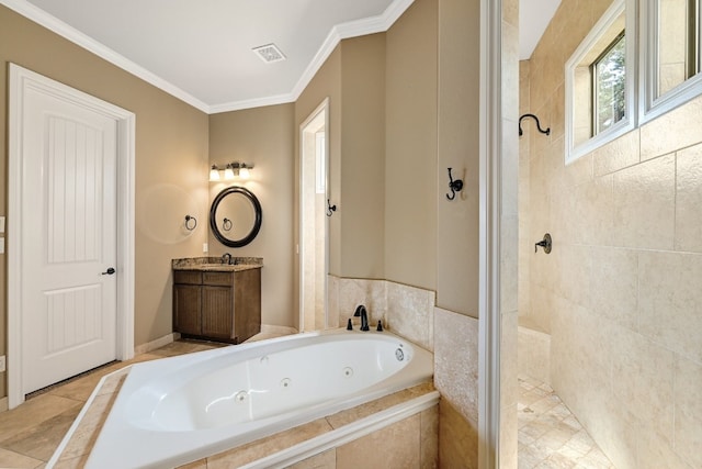 bathroom with visible vents, ornamental molding, a whirlpool tub, a tile shower, and vanity