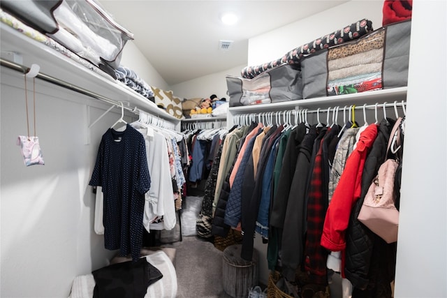 walk in closet featuring carpet flooring