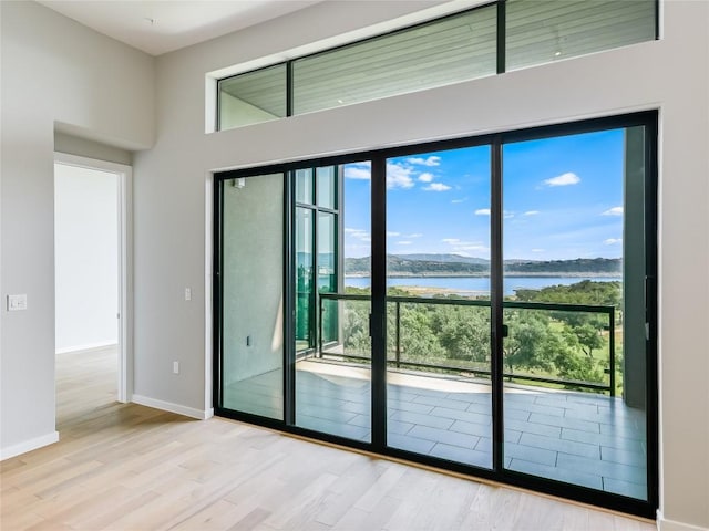 doorway to outside with plenty of natural light, a water view, and light wood-type flooring