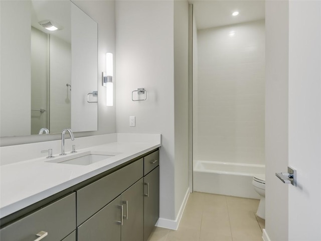 full bathroom featuring tile patterned flooring, bathtub / shower combination, vanity, and toilet