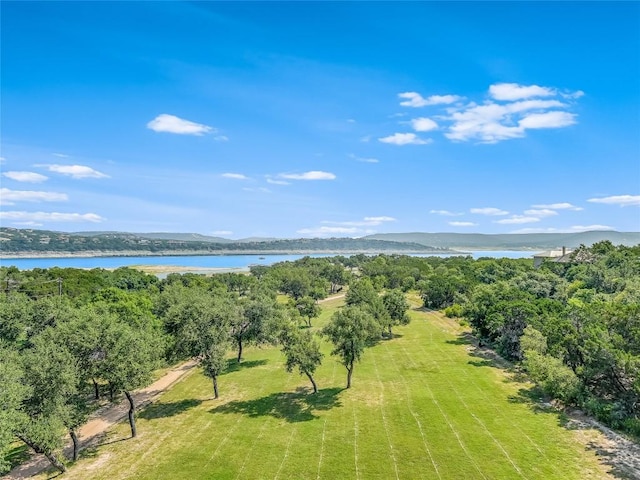 drone / aerial view featuring a water and mountain view