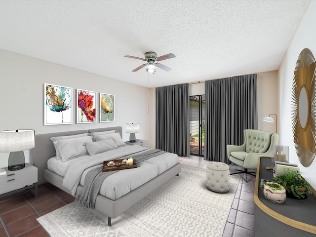 tiled bedroom featuring ceiling fan, a textured ceiling, and access to outside