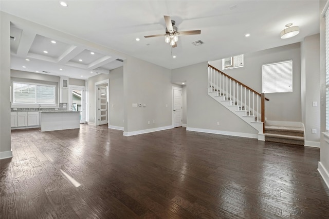 unfurnished living room with ceiling fan, beamed ceiling, dark wood-type flooring, coffered ceiling, and sink