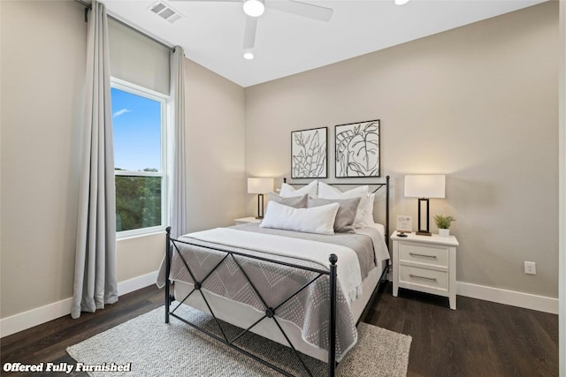 bedroom featuring baseboards, visible vents, dark wood finished floors, a ceiling fan, and recessed lighting