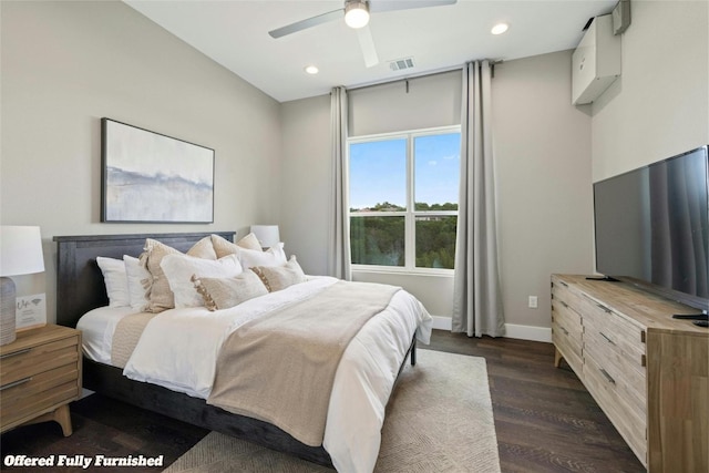 bedroom featuring dark wood-style flooring, recessed lighting, visible vents, and baseboards