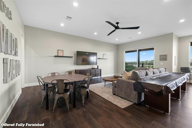 dining room with ceiling fan, dark wood-type flooring, and billiards