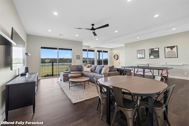 dining room with recessed lighting, visible vents, dark wood-type flooring, a ceiling fan, and baseboards