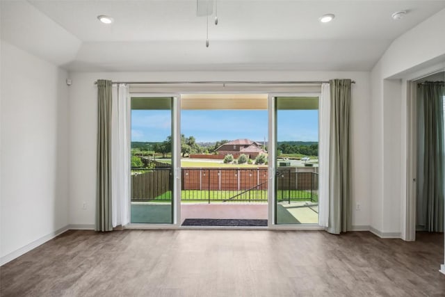 1837 Flying Horseshoe Bnd, Georgetown, TX 78628 - spare room with wood finished floors, healthy amount of natural light, lofted ceiling, and recessed lighting