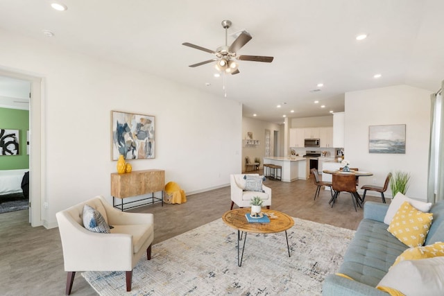 1837 Flying Horseshoe Bnd, Georgetown, TX 78628 - living area featuring a ceiling fan, recessed lighting, and baseboards