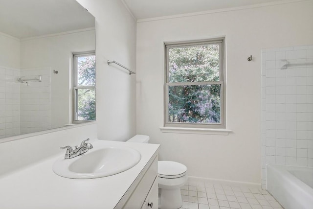 full bath with tile patterned flooring, crown molding, vanity, and toilet