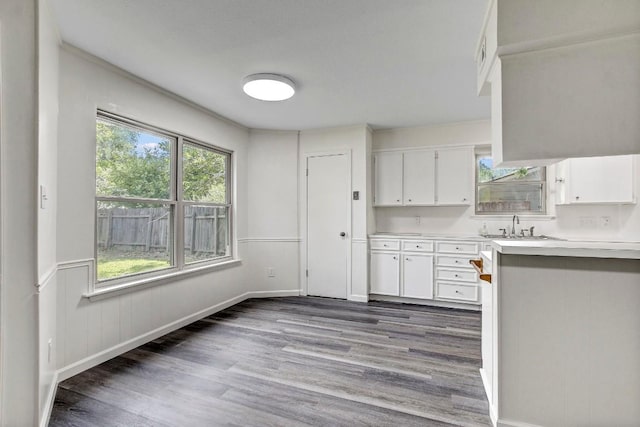 1504 Colony Creek Dr, Austin, TX 78758 - kitchen with dark wood finished floors, white cabinets, a sink, light countertops, and baseboards