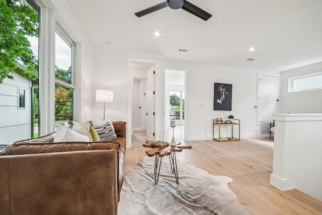 living room featuring ceiling fan, a healthy amount of sunlight, and light wood-type flooring